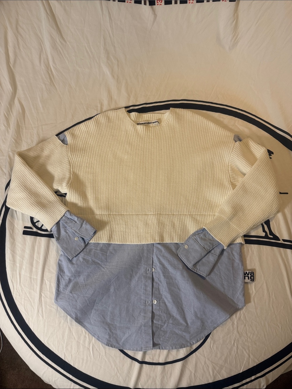 Alexander Wang Cream Knit Crewneck with Blue Shirt Hem